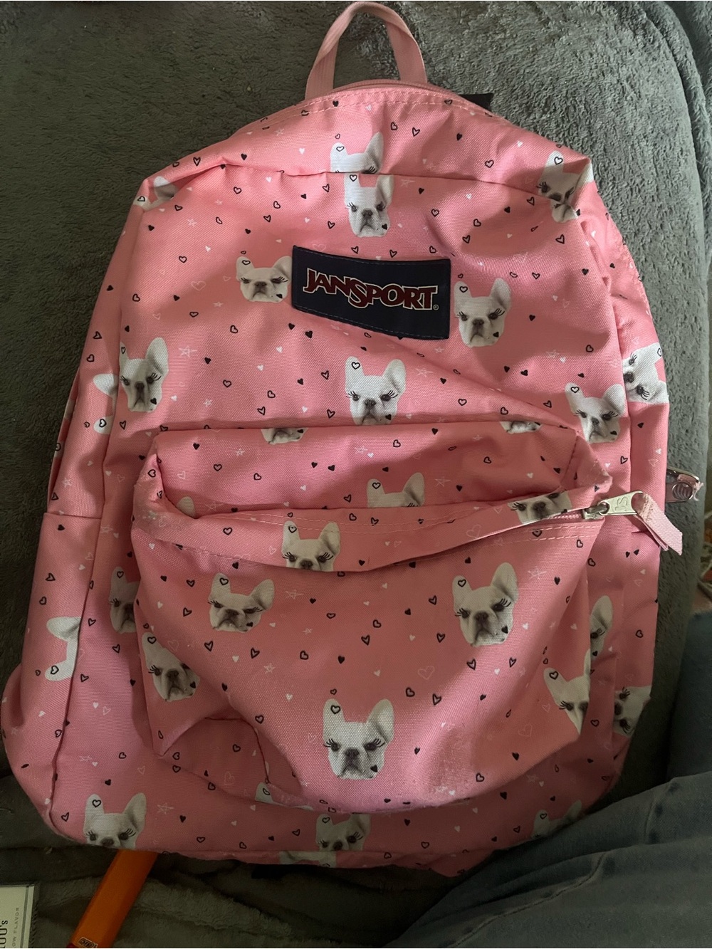 Jansport Pink French Bulldog Heart Print Backpack